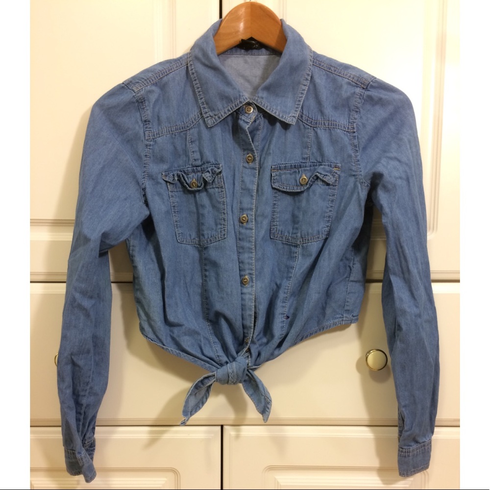 Forever 21 denim long sleeve button down crop top